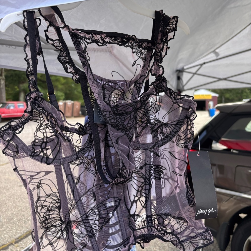 Nasty Gal Butterfly Sheer Lace Corset With matching Thong